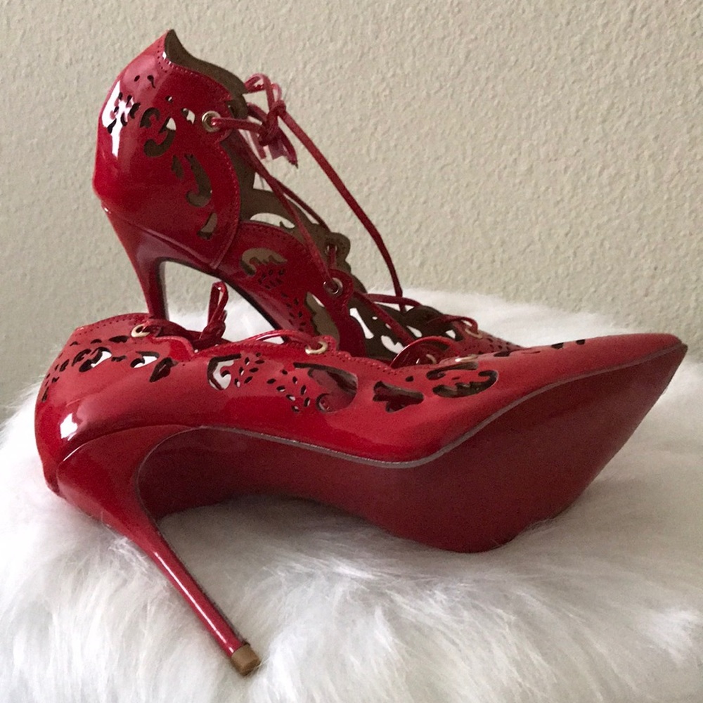 Christian Louboutin Red Patent Laser-Cut Lace-Up Stiletto Heels